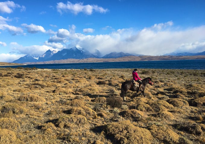 Chloe horse riding in Torres del Paine