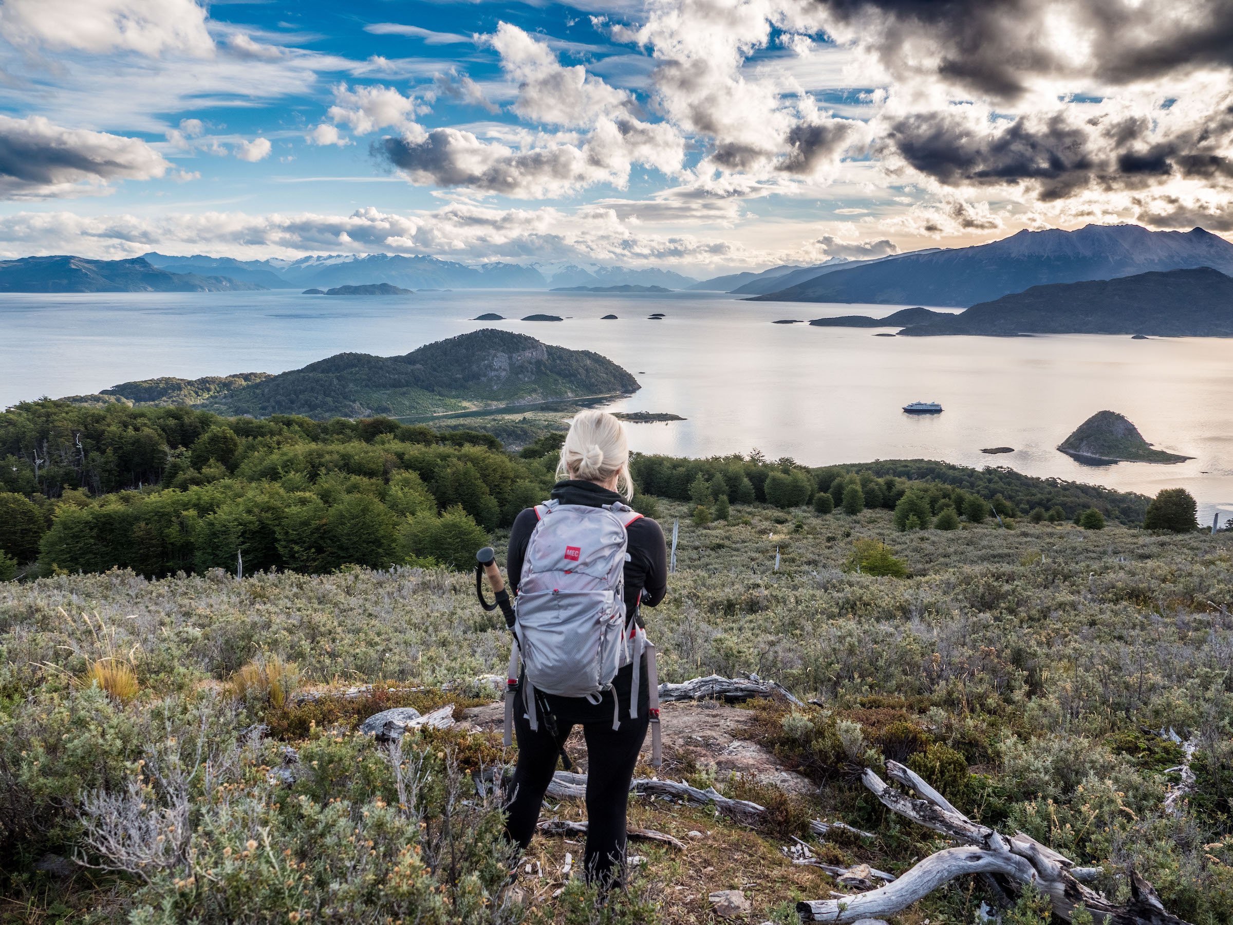 View with hiker across the Beagle Channel in Tierra del Fuego