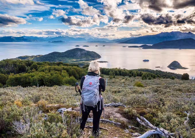 View with hiker across the Beagle Channel in Tierra del Fuego