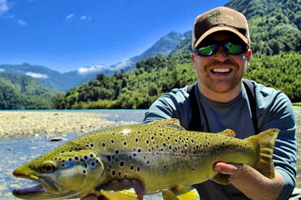 Heli-fishing for trout and salmon, Tagua Tagua, Chilean Lake District, Chile
