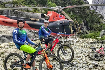 Heli-biking at Río Frío, Chilean Lake District, Chile