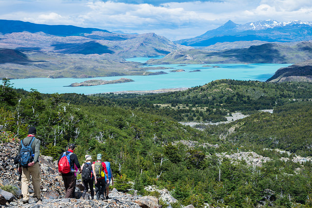 Group of hikers in the French Valley, above a forest, a turquoise blue lake and a mountain backdrop, Torres del Paine Hike, Chile