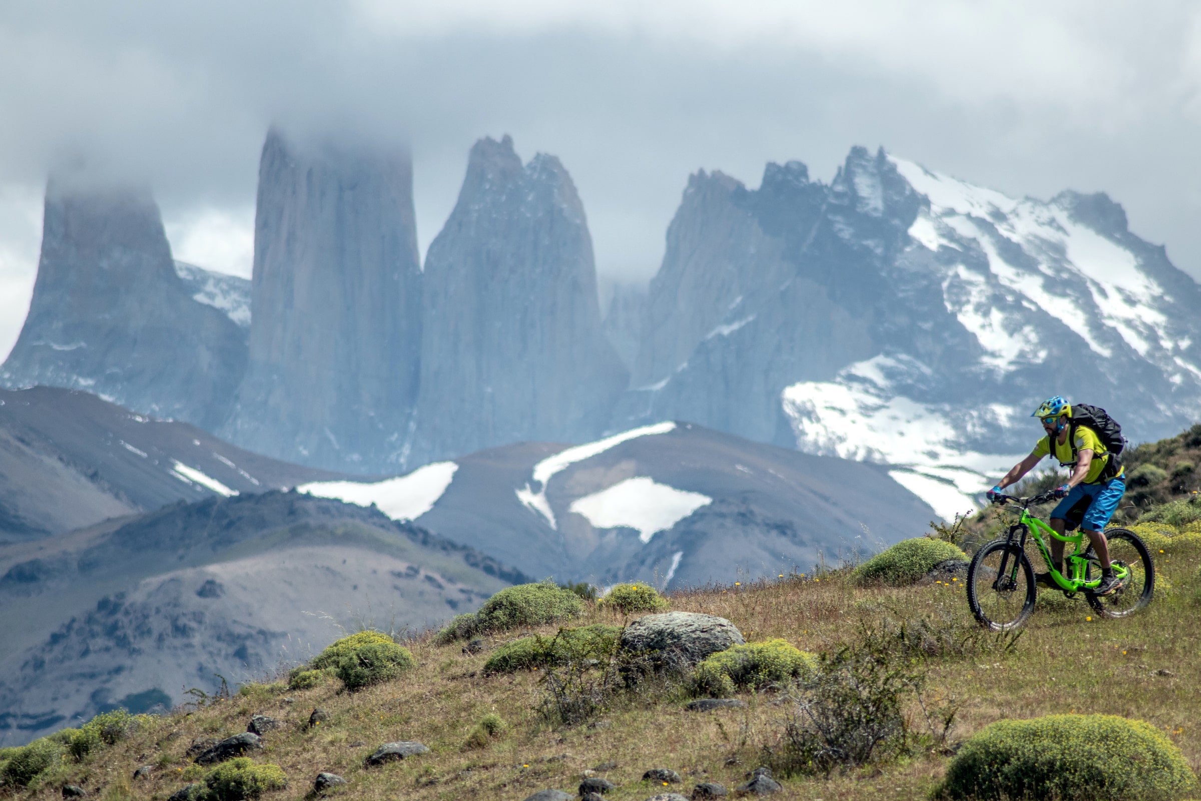 Mountain biking near the Towers in Torres del Paine