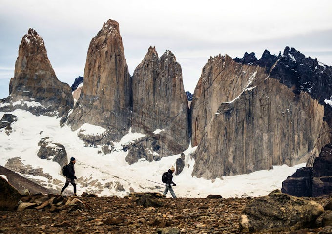 Hiking in front of The Towers, Torres del Paine, Patagonia, Chile