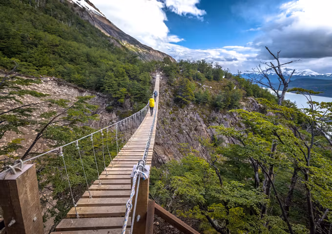 Hanging bridge by Lake Grey, Torres del Paine, Chile