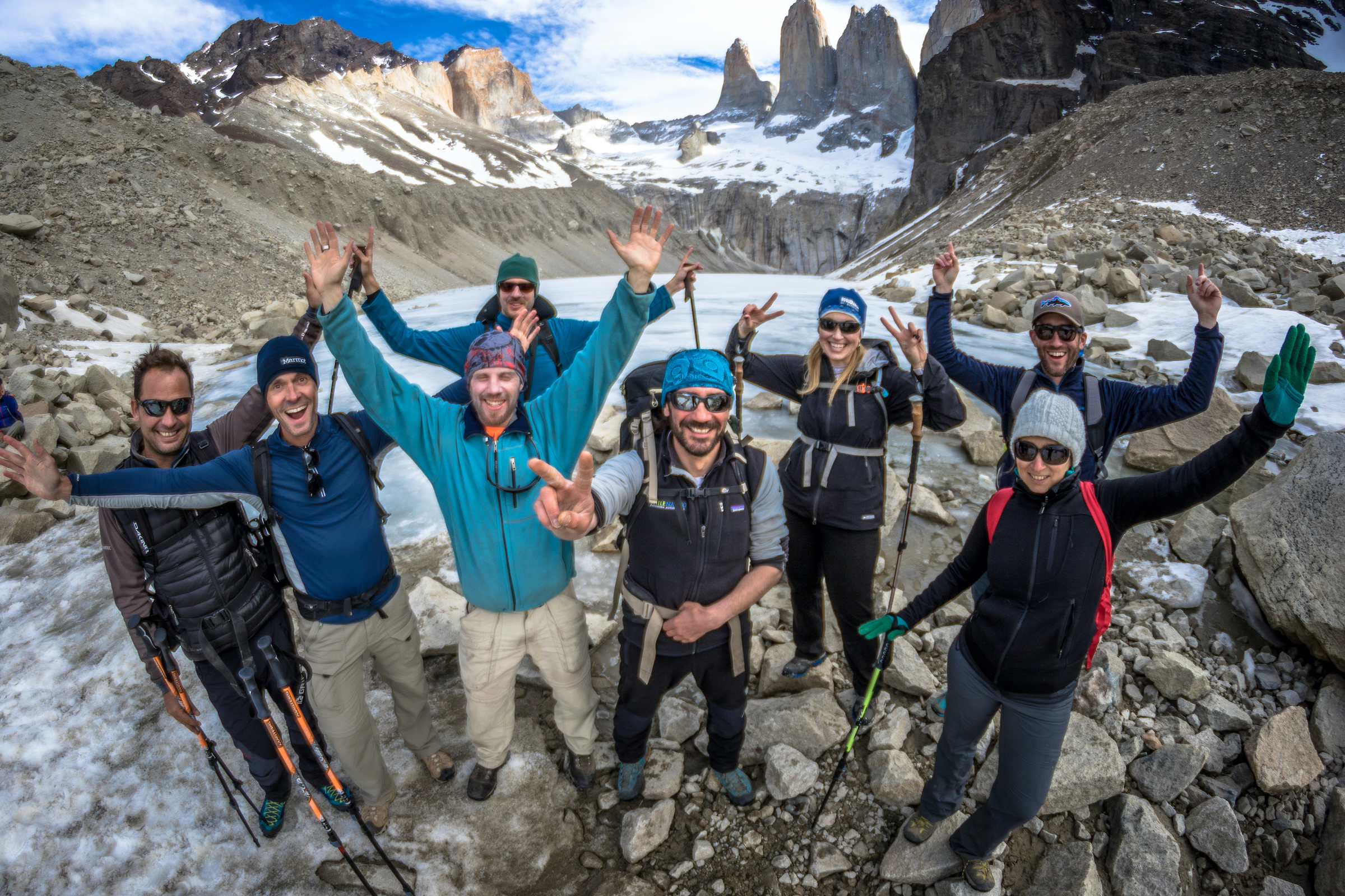 Hikers at the base of the towers in Torres del Paine