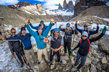 Hikers at the base of the towers in Torres del Paine