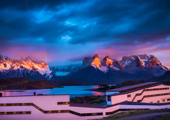 Sunset over Explora Torres del Paine, Torres del Paine, Chile Patagonia