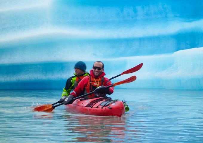 Kayaking near the ice, Serrano Glacier, Patagonia, Chile