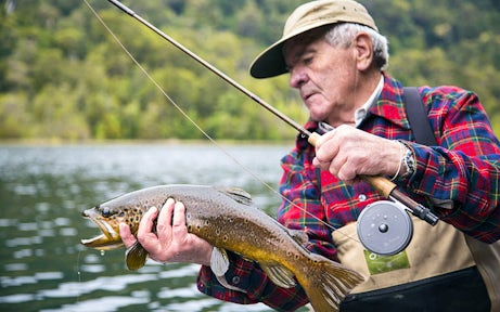 Fly fishing on Pichi Lake, Futangue, Patagonia, Chile