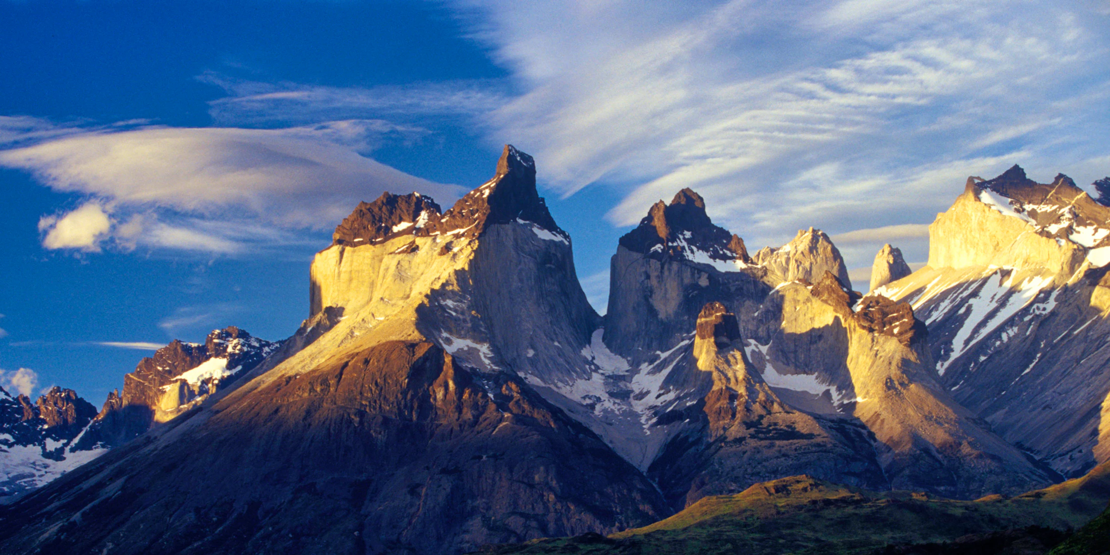 Sunlit peaks of the Paine Massif in Torres del Paine National Park