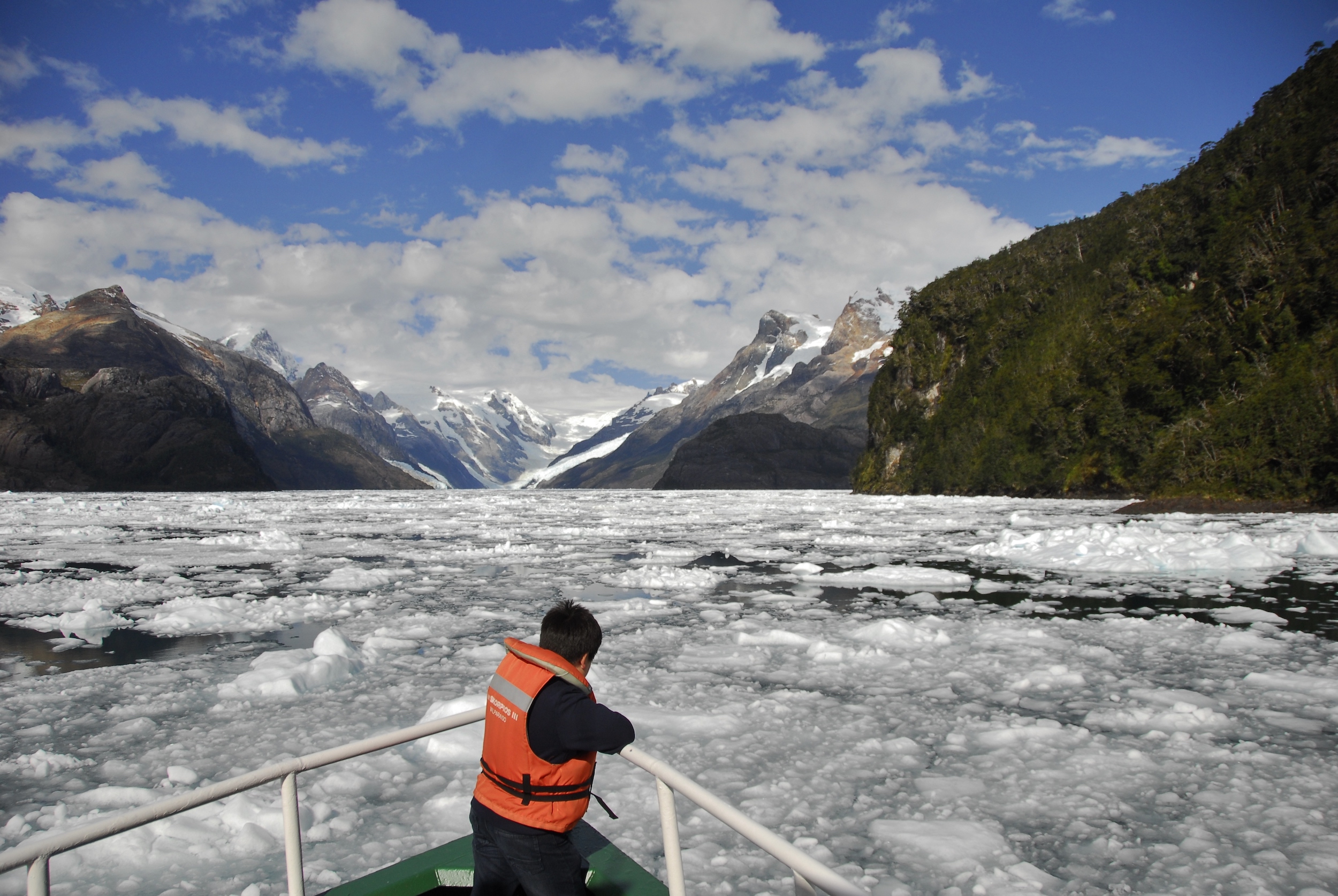 Looking out from the bow of Skorpios II cruise ship to the northern Chilean Fjords
