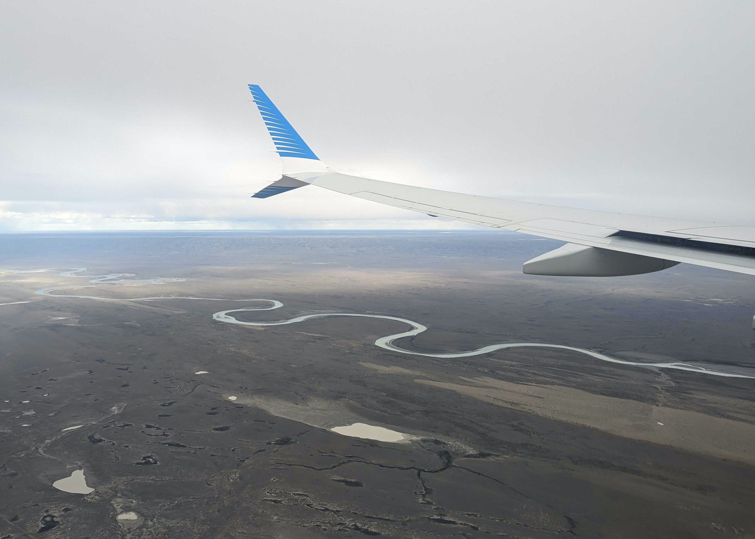 Aerial view from plane flying over Santa Cruz into El Calafate in Argentina