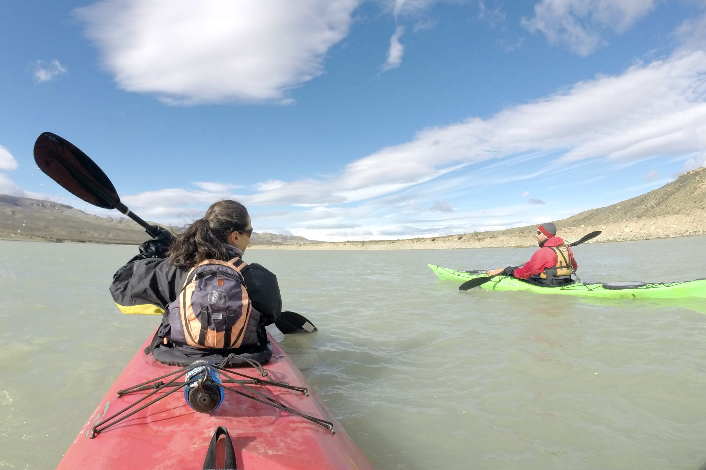 Two kayakers on La Leona river in Los Glaciares
