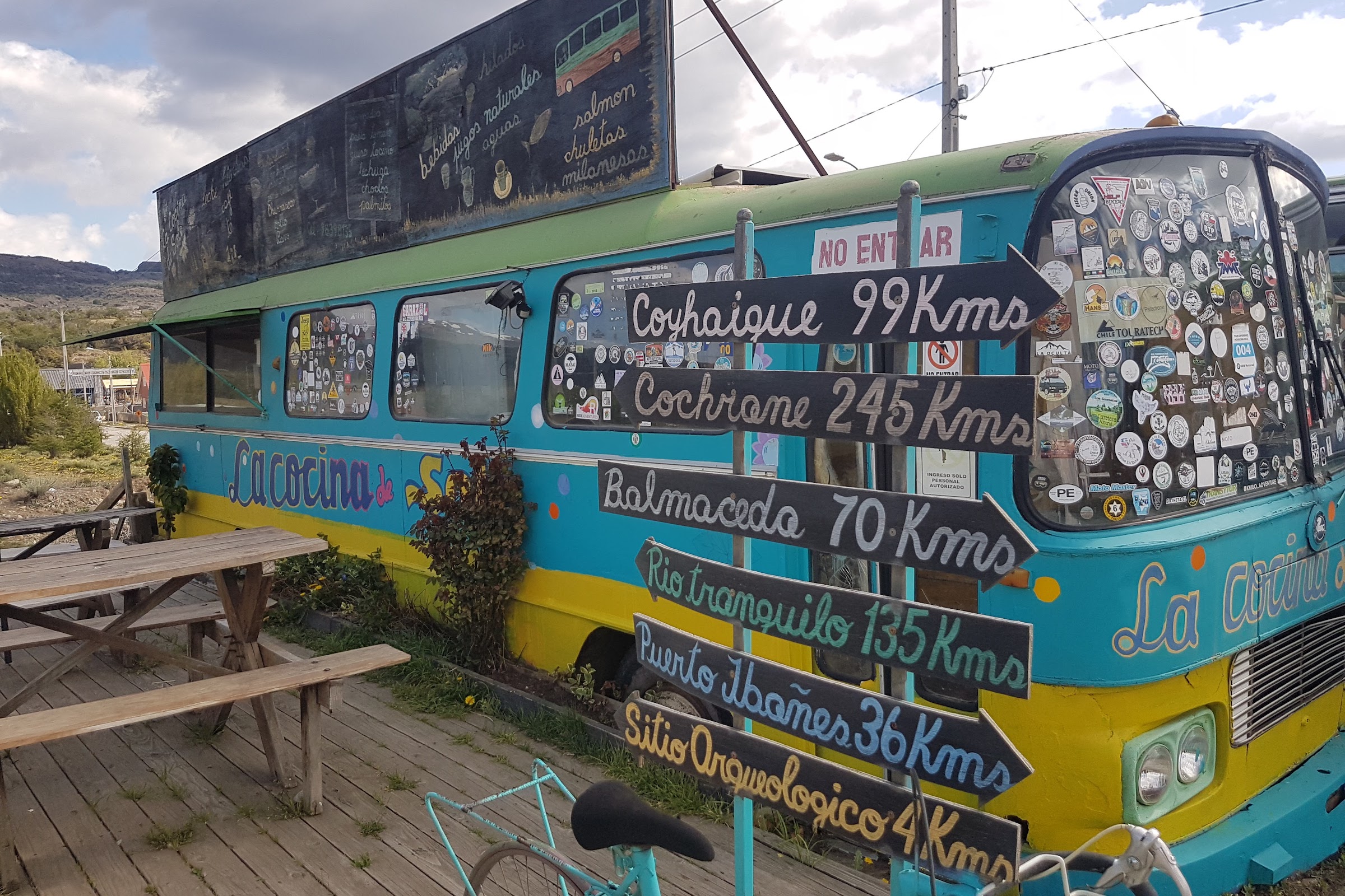 Bus converted into a cafe on the Carretera Austral in Aysen, Chile