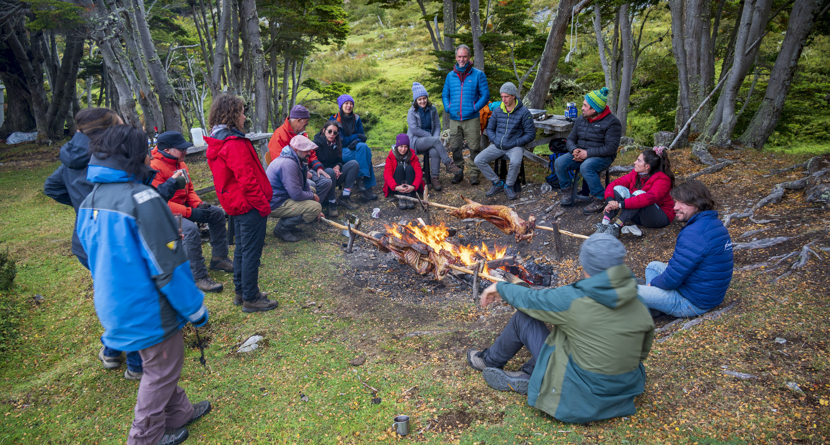 Enjoying an asado after a hike on Navarino Island