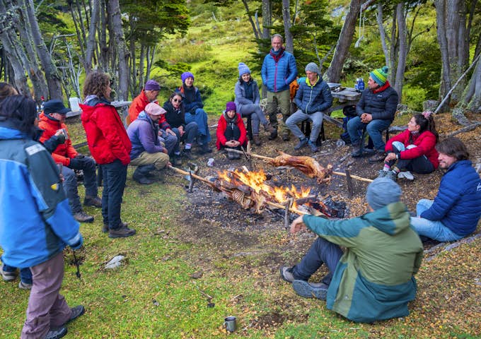Enjoying an asado after a hike on Navarino Island