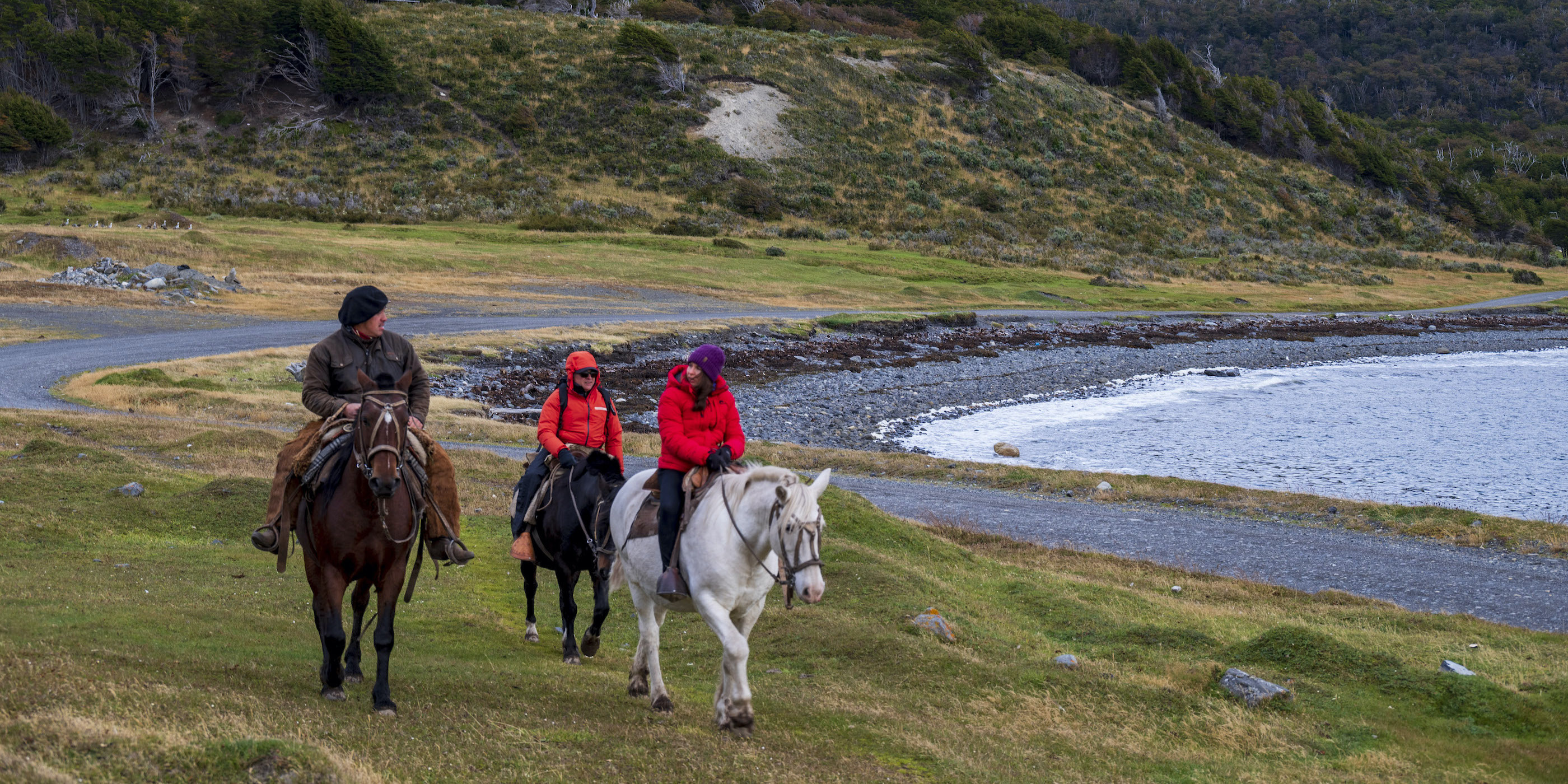 Horse riding on the coast near Puerto Williams on Navarino Island