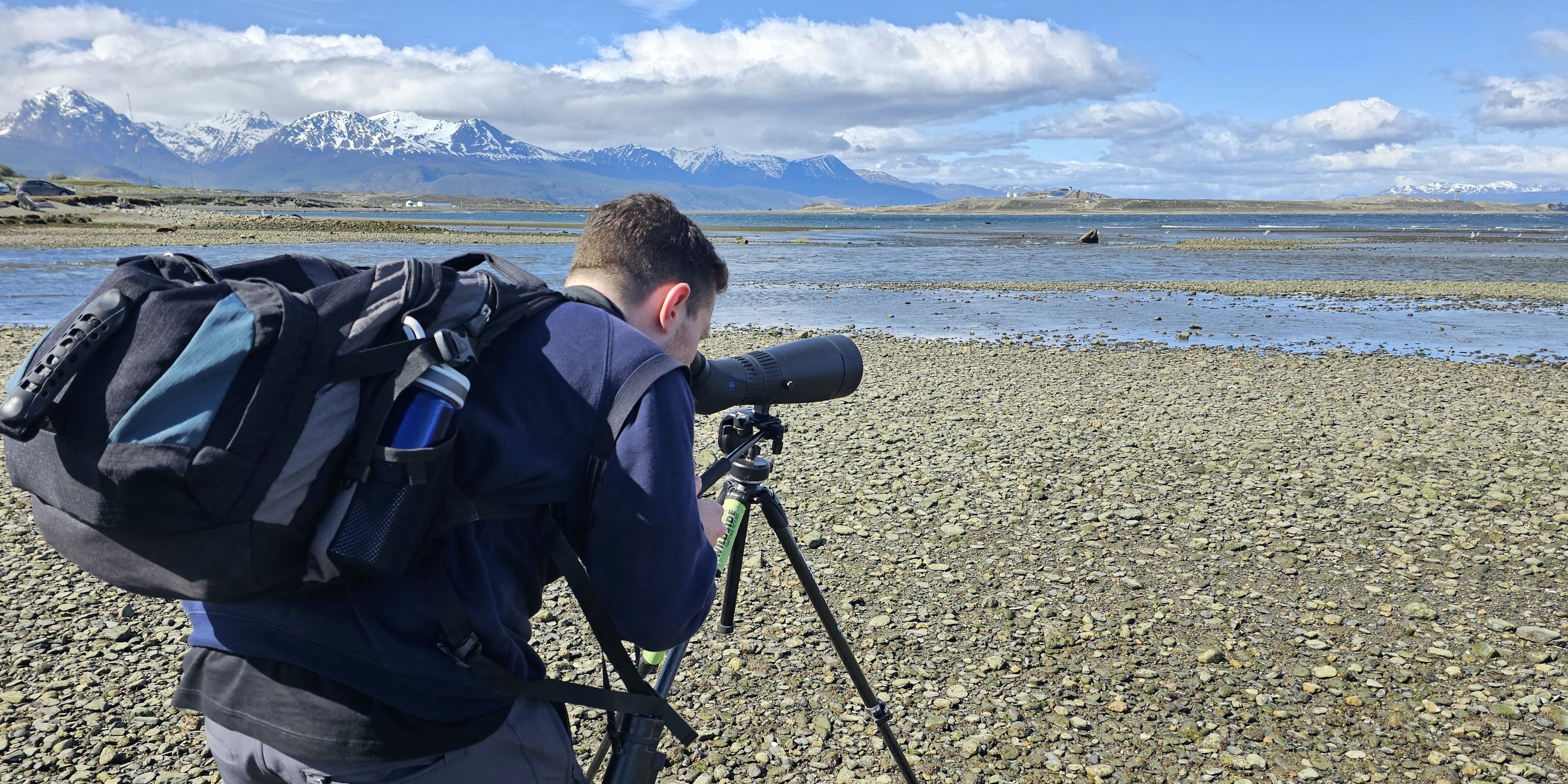 Bird watching with scope outside Ushuaia in Tierra del Fuego