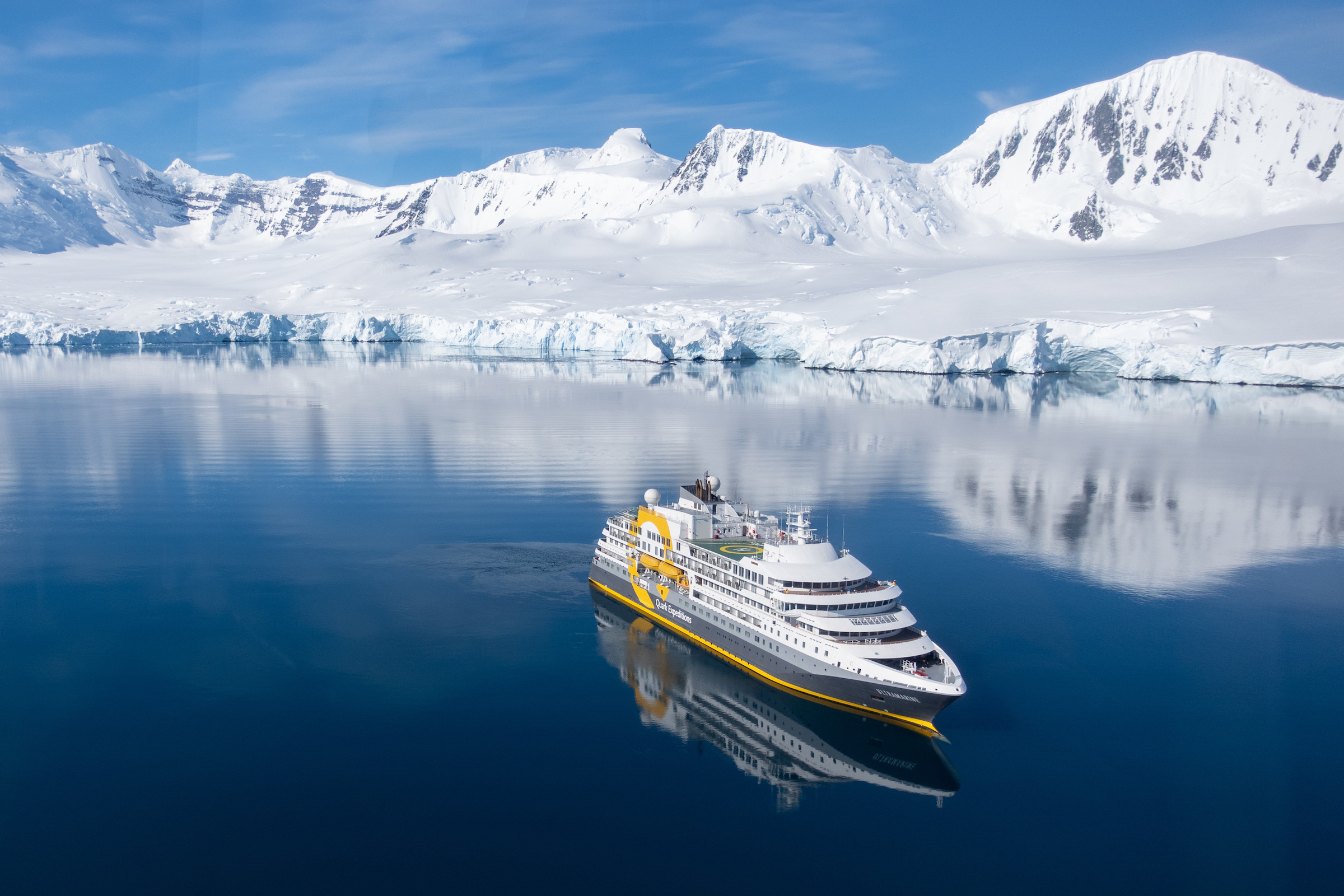 Aerial view of the expedition cruise ship Ultramarine in the Antarctic Peninsula