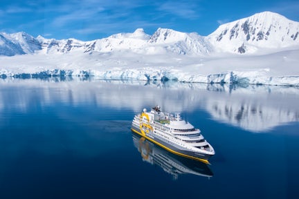 Aerial view of the expedition cruise ship Ultramarine in the Antarctic Peninsula