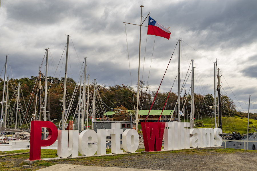 Puerto Williams town sign on Navarino Island