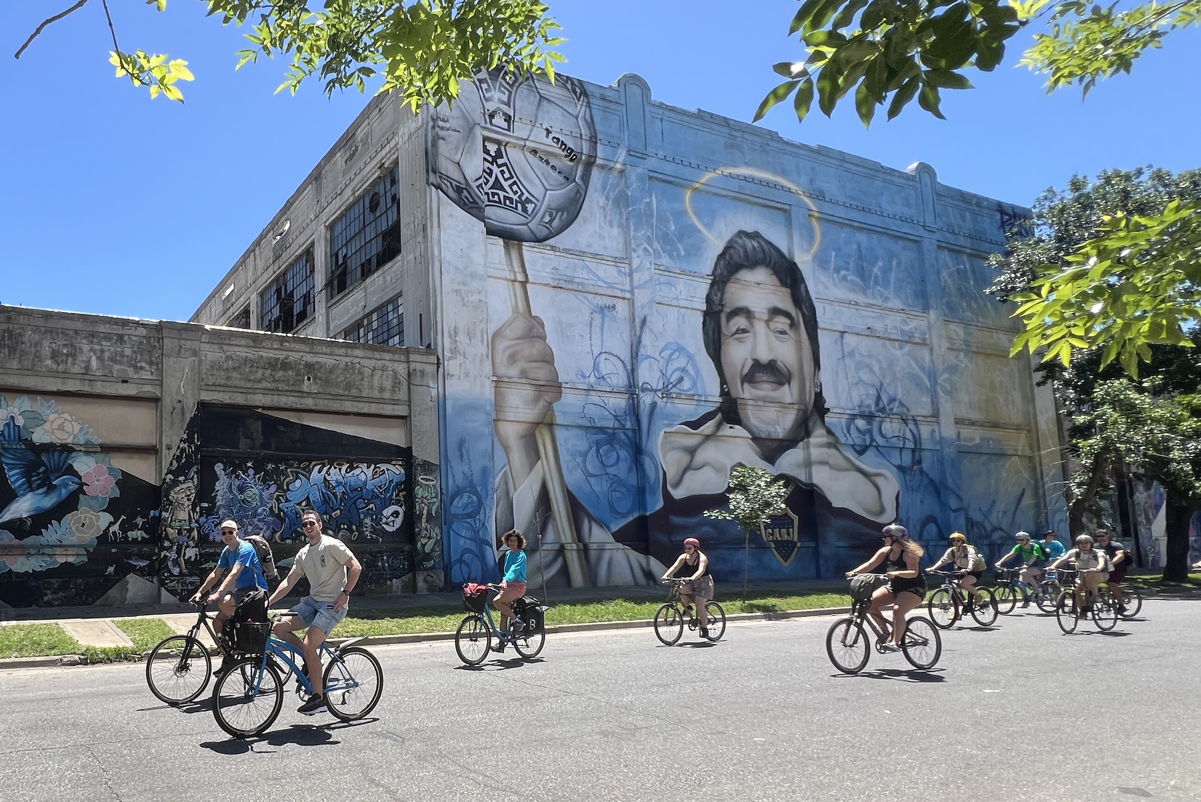 Bike tour of Buenos Aires with mural of Maradona