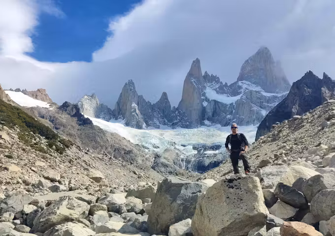 Hiker with Mount Fitz Roy in Los Glaciares National Park