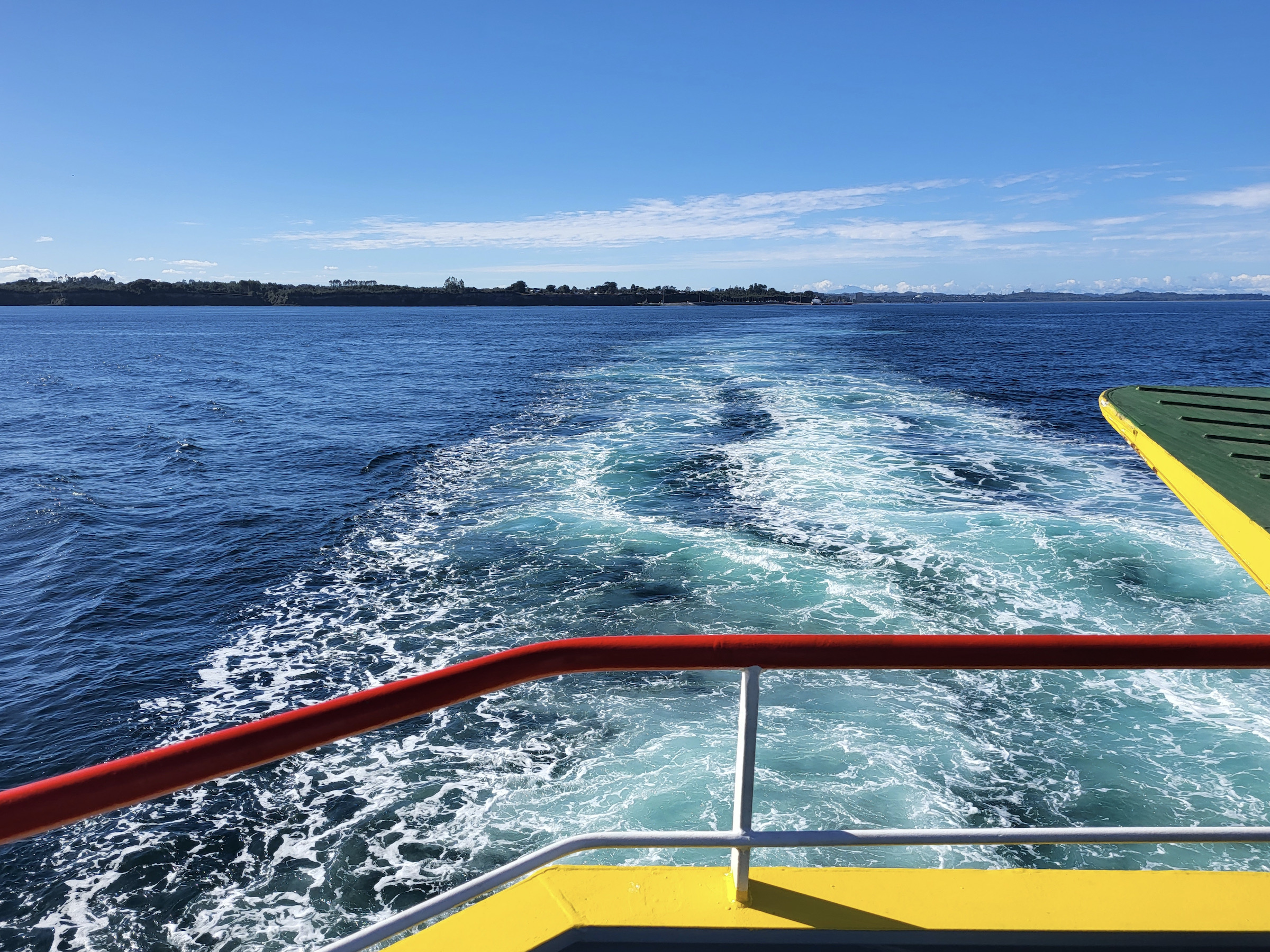 View from the back of the ferry from Puerto Montt to Chiloé island in Chile