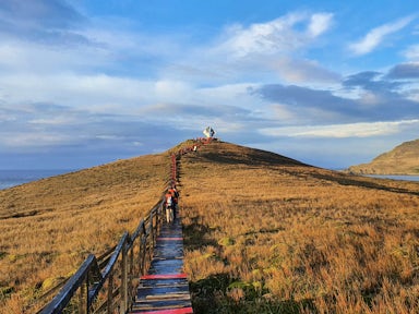 Wooden walkway leading to the Cape Horn monument in Tierre del Fuego