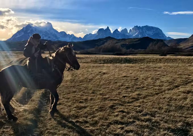 Horse riding to the Paine Massif in winter