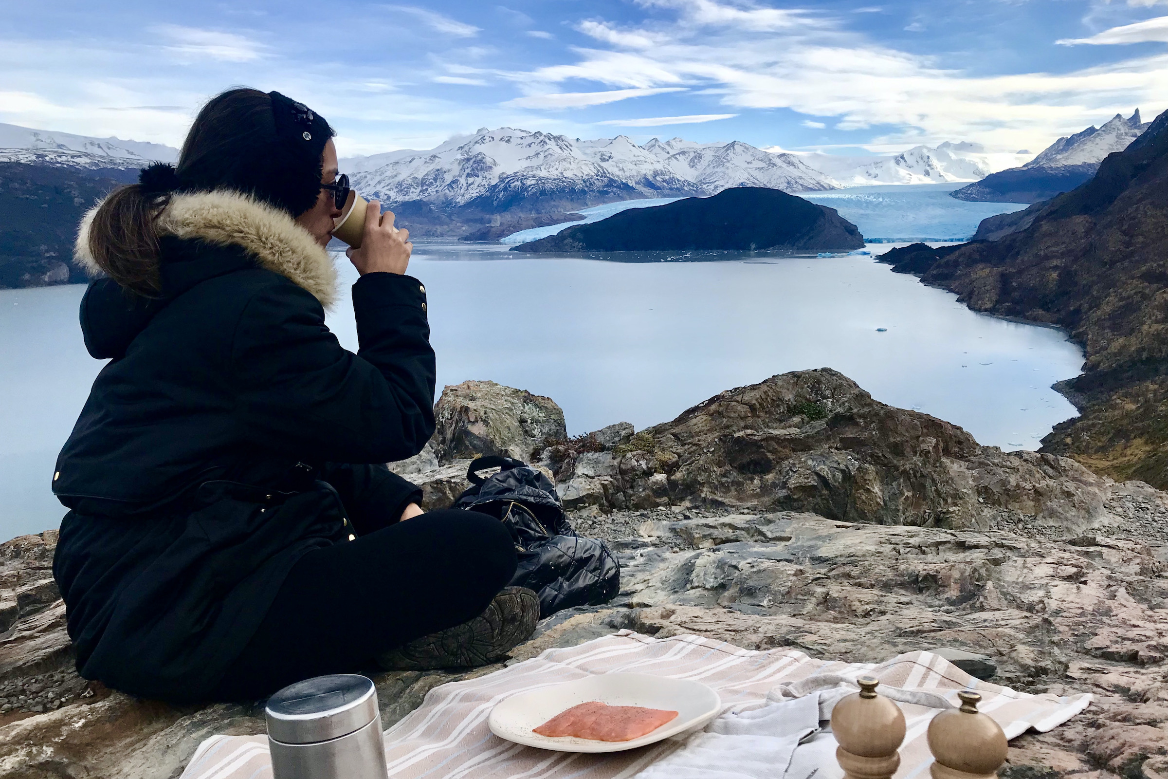 Winter picnic overlooking Glacier Grey