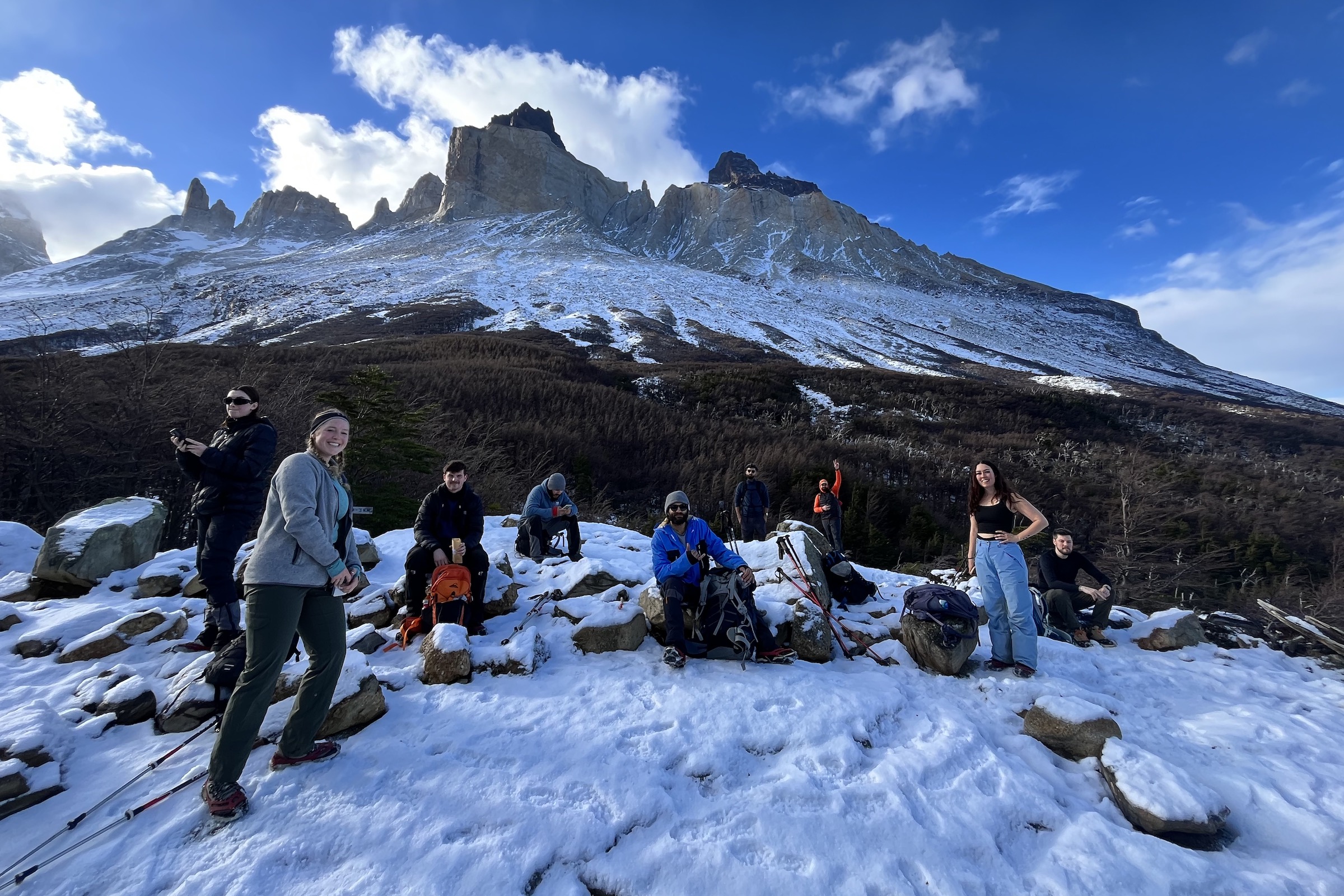 Hikers at the Cuerno in winter
