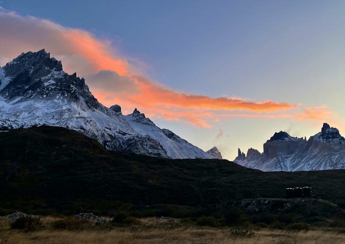 Sunrise over the Paine Massif from Refugio Paine Grande
