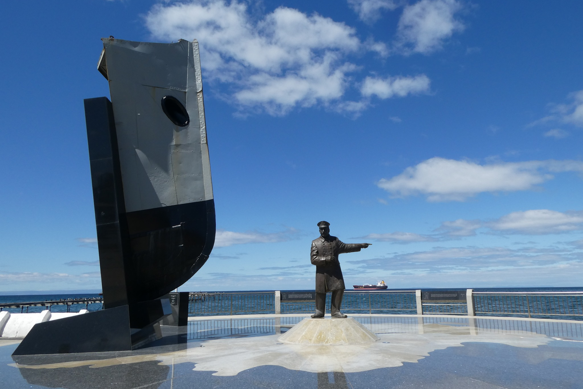 Punta Arenas waterfront with Yelcho monument