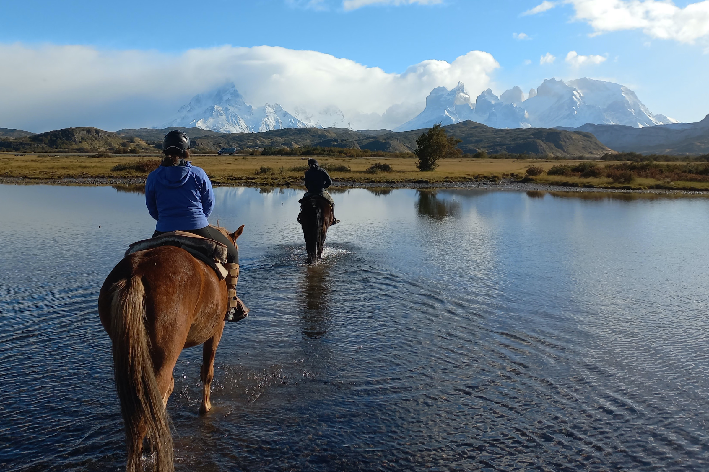 Horse riding in Torres del Paine towards Paine Massif