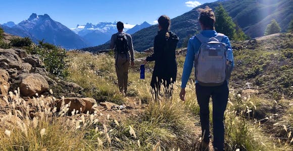 Three hikers in Patagonia National Park in Aysen, Chile