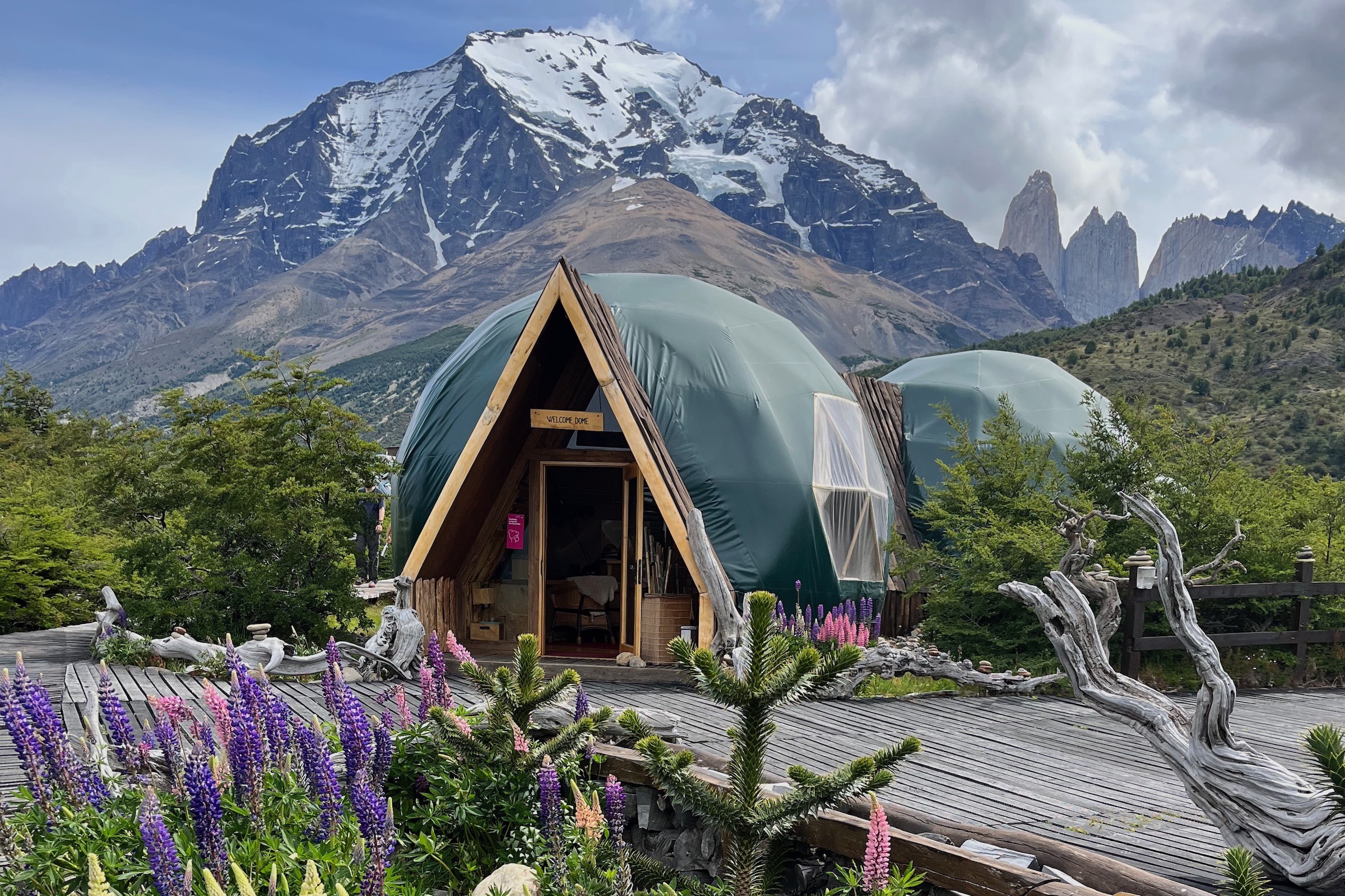 EcoCamp in Torres del Paine with dome tent and view of the Towers