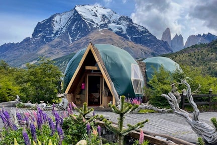 EcoCamp in Torres del Paine with dome tent and view of the Towers