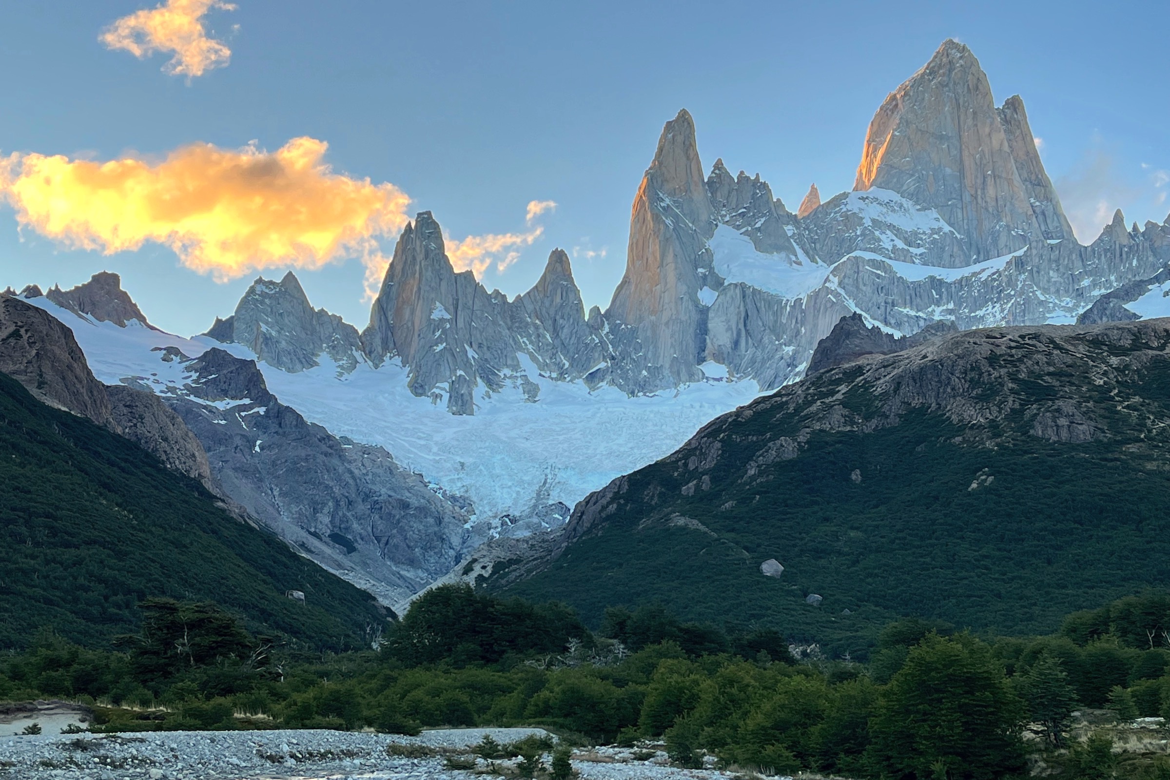 View of FitzRoy from Poincenot campsite at sunset