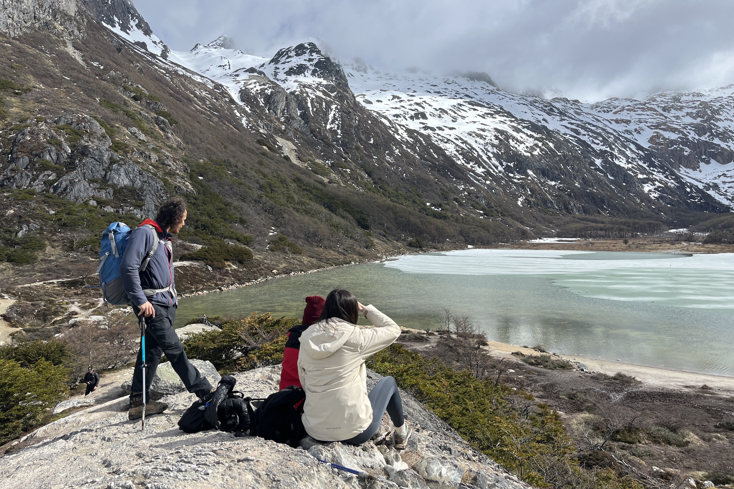 Hikers at Laguna Esmeralda near Ushuaia in Tierra del Fuego