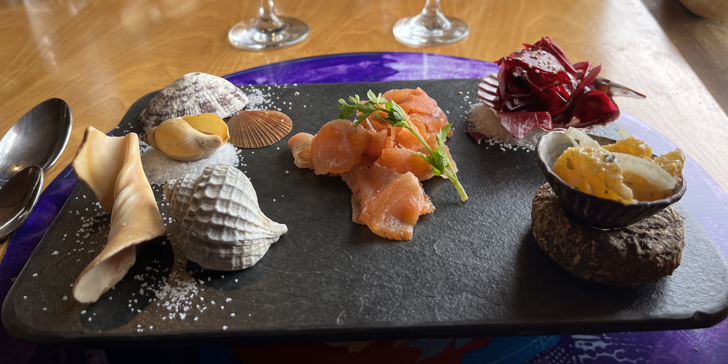 Seafood dining from the Beagle Channel at Alma Yaghan restaurant near Ushuaia in Tierra del Fuego
