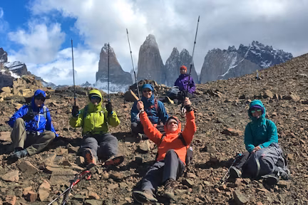 Hikers with in a guided group near the Towers in Torres del Paine