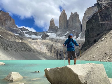 Standing at the base of the towers, Torres del Paine National Park, Patagonia, Chile