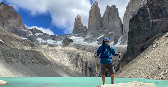Standing at the base of the towers, Torres del Paine National Park, Patagonia, Chile