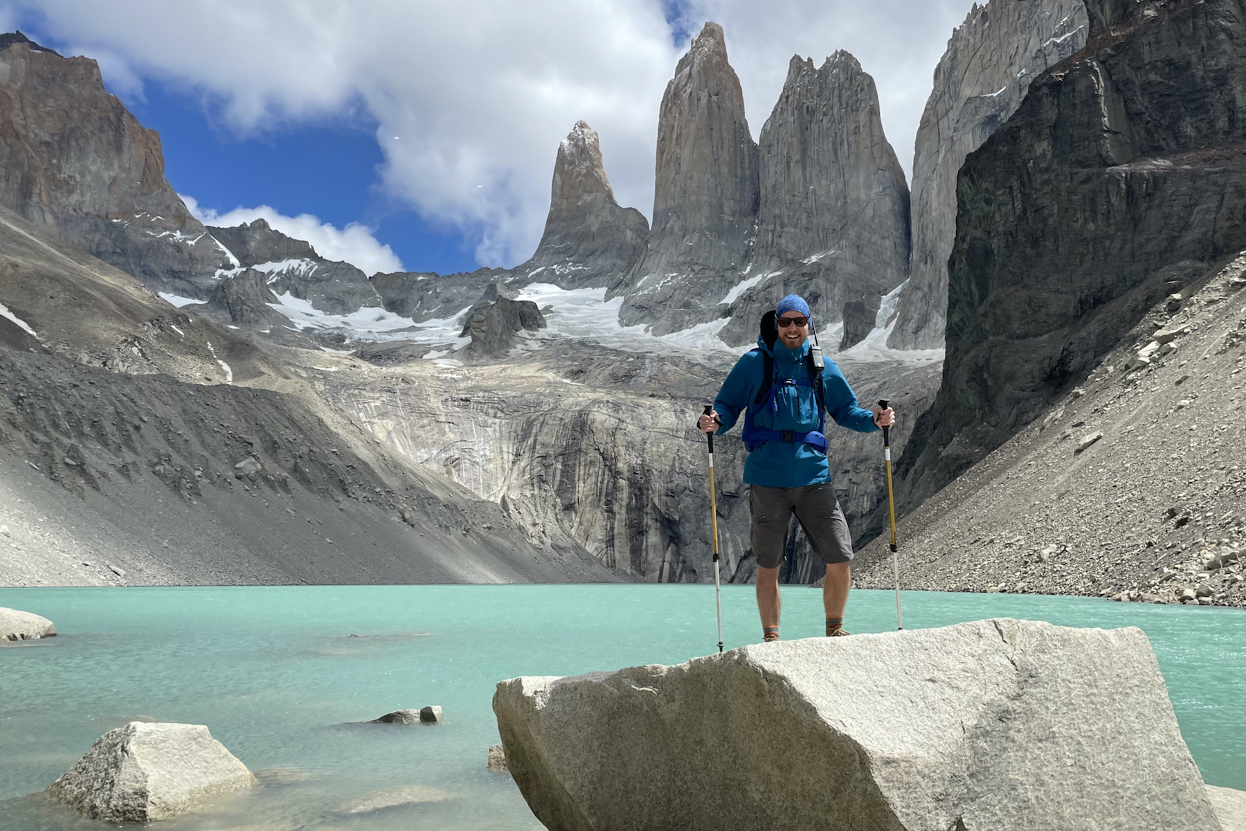 Hiker at the base of the Towers in Torres del Paine
