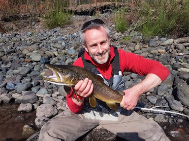 Catching wild brown trout at Rio Petrohue in Vicente Pérez National Park, Chile