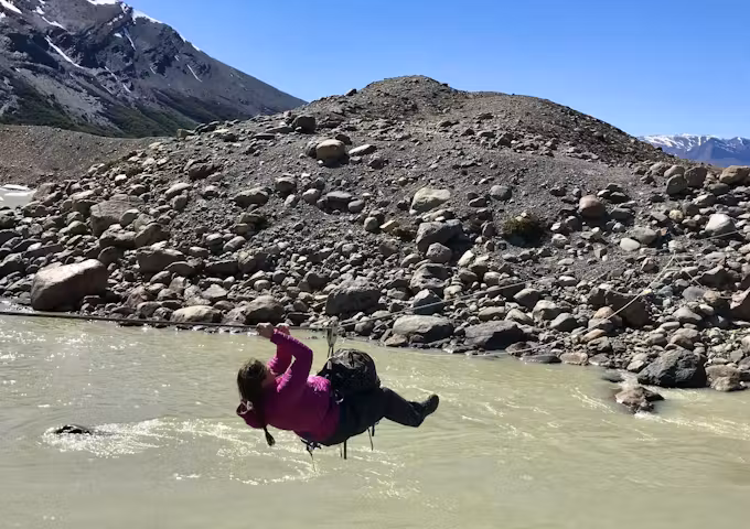 Tyrolean traverse on the Huemul Circuit trek in Los Glaciares