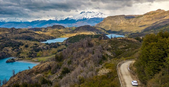 Landscape shot of the Carretera Austral highway and mountains in Aysen, Chile