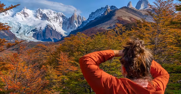 Hiker looking at Cerro Torre on a day hike from El Chaltén in Los Glaciares